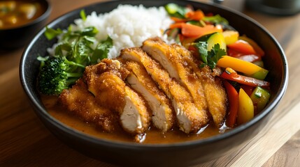 Fototapeta premium Flavorful Katsu Curry Rice Bowl with Fresh Vegetables, food, delicious, meal, cuisine
