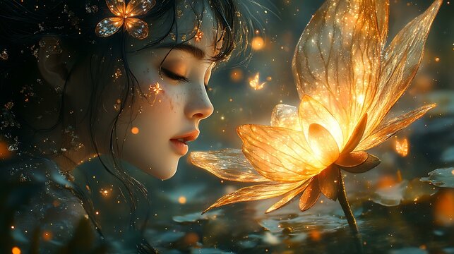 Close-up of an expressive Kinaree with soft golden wings, looking dreamily at a glowing lotus flower under a full moon in the forest