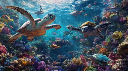 Obraz premium Underwater cartoon scene with friendly fish, sea turtles, and mermaids, filled with bright colors for storybooks.