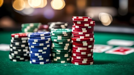 Close-Up of Poker Chips and Cards at an Online Casino Table, gambling, game, stakes, leisure