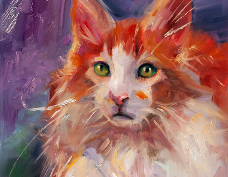 Dipinto astratto e con pennellata dense e corpose e colature e schizzi di occhi di gatto in primo piano	