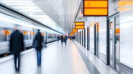 Fototapeta premium A bustling subway station with blurred figures of commuters, illuminated signs, and sleek, modern design emphasizing urban travel.
