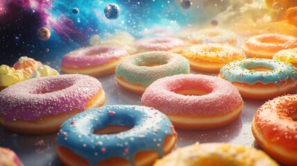 A vibrant assortment of sugar coated donuts displayed against a captivating cosmic backdrop embodying a playful space theme