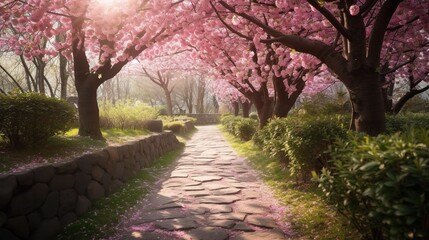 Fototapeta premium Serene Pathway Through Blooming Cherry Blossom Trees