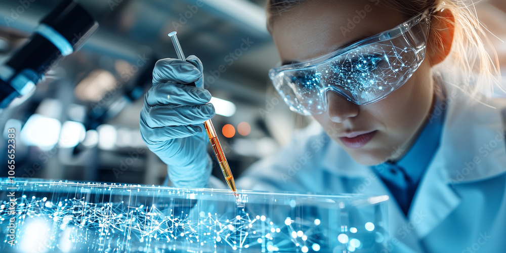 Poster scientist in lab coat and safety goggles conducts experiment with pipette, focusing intently on petri dish with network of glowing connections, symbolizing innovation