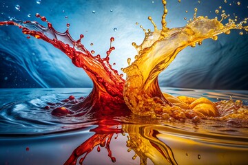 Colorful liquid splashes , including yellow and red paint or ink, colliding and creating dynamic abstract shapes against a gray background