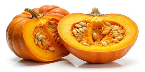 A Whole and Half Pumpkin with Seeds on White Background