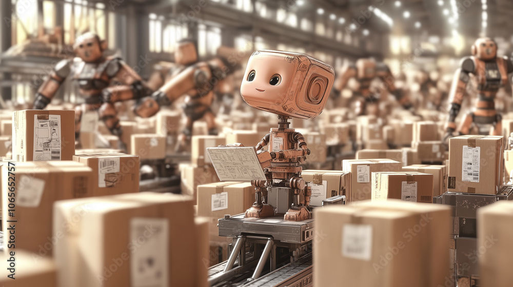 Poster small robot works diligently sorting packages in bustling factory, surrounded by numerous boxes and other robots. scene is lively and efficient, showcasing advanced automation
