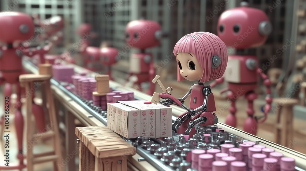 Leinwandbilder small robot with pink features works diligently on conveyor belt, sorting boxes in factory setting. Other similar robots are visible in background, contributing to organized workflow
