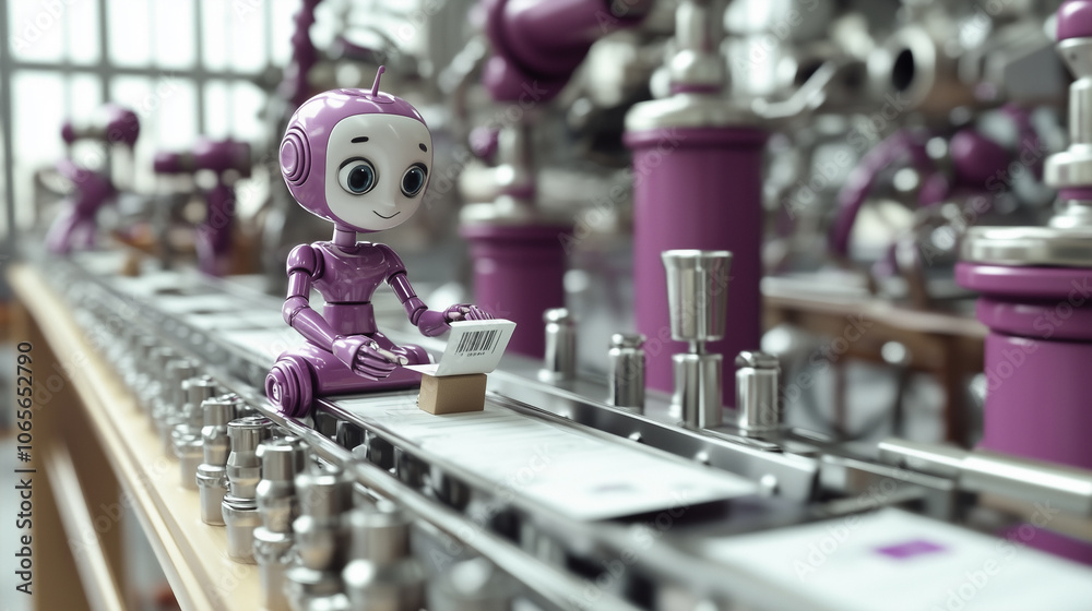 Aufkleber small purple robot sits on conveyor belt in factory, sorting packages with cheerful expression. industrial setting features various machinery and pipes in background