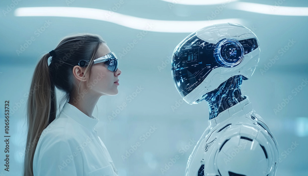 Poster human designer and ai robot face each other in futuristic setting, symbolizing collaboration and inn