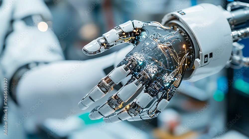 Poster robotic hand with intricate circuitry symbolizes rise of ai in digital transformation