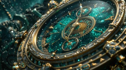 Obraz premium An intricately designed clock featuring a shimmering turquoise face and golden accents, This image is perfect for themes of time, luxury, or craftsmanship in marketing, design, or editorial projects,