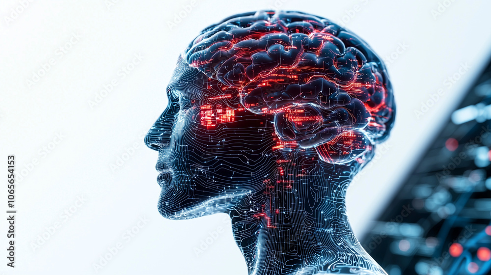 Poster digital human head with glowing brain represents integration of technology and artificial intelligen