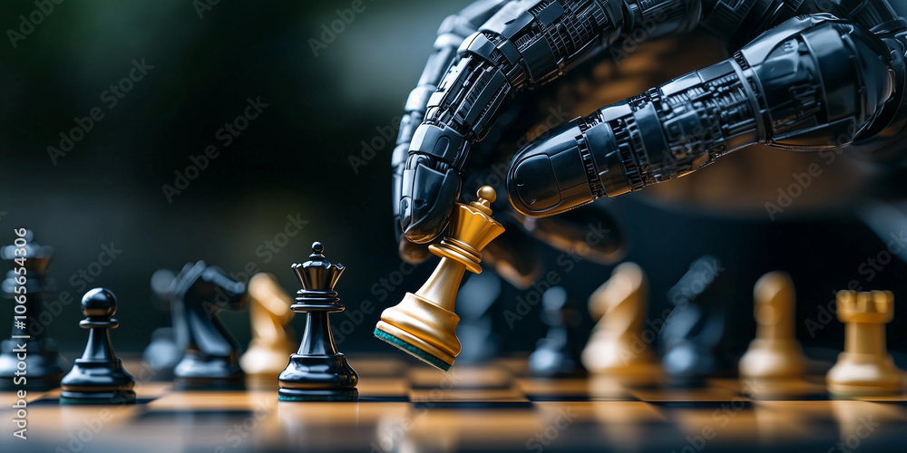 Poster robotic hand strategically moves chess piece on board, showcasing intersection of technology and strategy in game setting. focus is on intricate design of robot hand and chess pieces