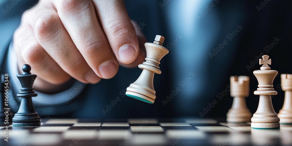 Poster hand strategically moves chess piece on wooden chessboard, showcasing intense focus and strategy in 