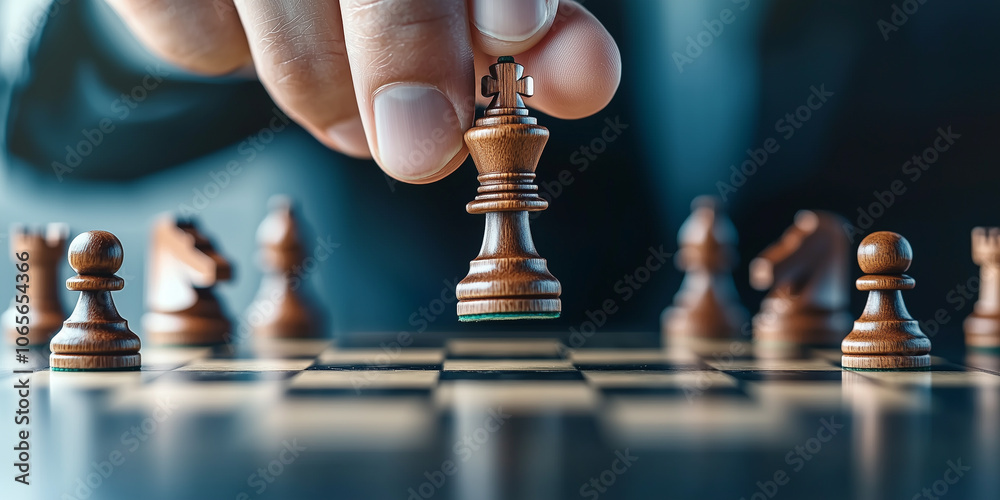 Aufkleber hand strategically moves chess piece on wooden chessboard, focusing on game