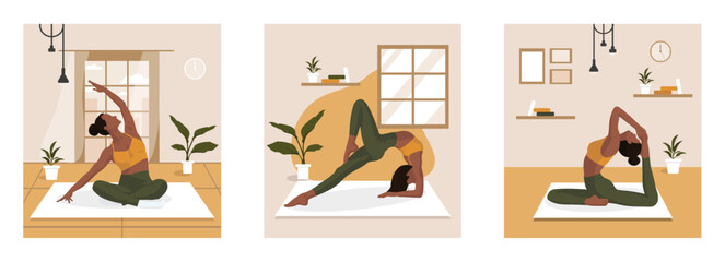 Set of beautiful black girls in yellow, green, pale yellow colors in sportform in room with flowers, window, books, doing yoga, fitness, sport in faceless style for webs, posters, cards, wallpapers