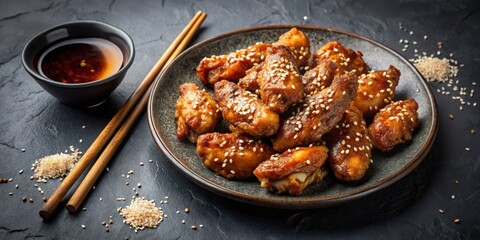 Sesame-Crusted Chicken Wings on a Plate with Chopsticks and Sauce