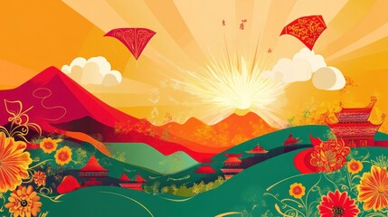 Vibrant Sunrise Over Mountainous Landscape with Chinese Pagoda and Flowers