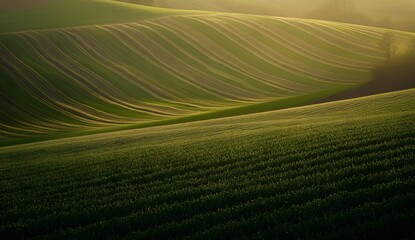 Fototapeta premium Beautiful green field with rows of crops at sunset, an idyllic rural landscape, natural scenery in the spring season.