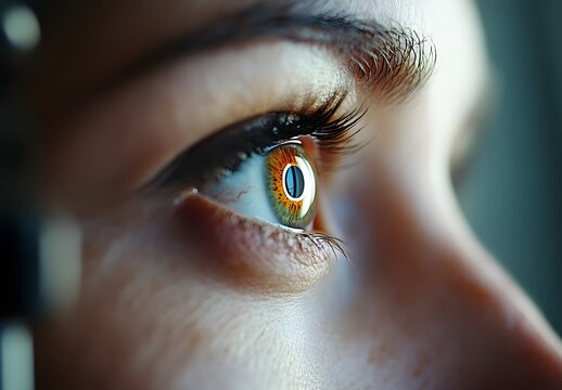 Close-up of a woman's eye at an ophthalmology clinic, the patient undergoing a vision examination with an ophthalmoscope and equipment 