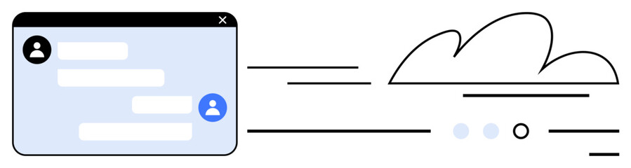 Fototapeta premium Chat window interface with user icons and text bubbles, accompanied by a cloud icon and lines suggesting movement. Ideal for communication apps, cloud storage, data synchronization, teamwork, remote