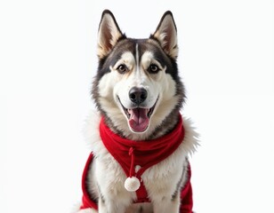 Fototapeta premium Cheerful Dog Dressed in a Festive Red Outfit Smiles for the Camera on a White Background
