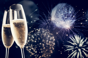 toasting with champagne glasses on sparkling holiday background - Fireworks at New Year and copy...