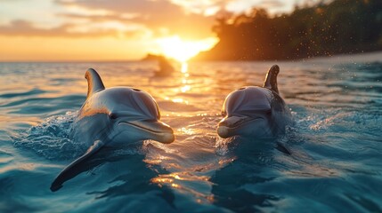 Fototapeta premium Two dolphins swimming towards the camera in the ocean with a sunset in the background.