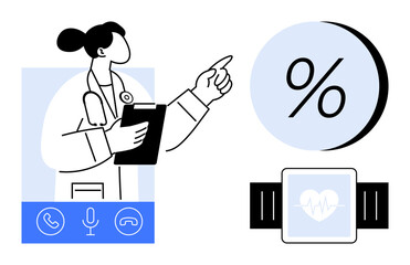 Female doctor with stethoscope and clipboard pointing at percentage icon, smartwatch with heart symbol, phone call icons. Ideal for medical technology, telehealth, fitness tracking, remote