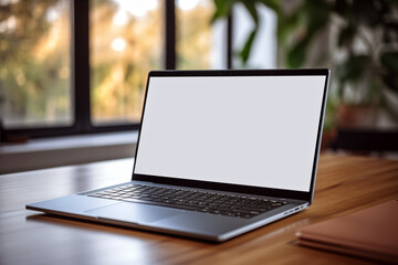 Fototapeta premium Minimalist laptop on wooden desk with natural light in a modern workspace