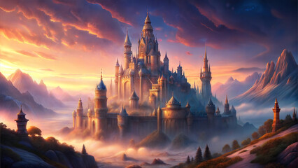 Majestic fairy tale castle set against a colorful sunset and mountain backdrop