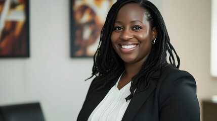 Confident Black woman in business attire smiles warmly in an office setting. - Powered by Adobe