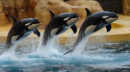 Obraz premium A dynamic scene of three orcas elegantly leaping from the water, showcasing their agility and power, This image can be used for educational materials, marine conservation campaigns