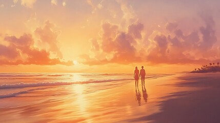 Fototapeta premium A couple walking hand-in-hand along a beach at sunset, with golden hues reflecting on the wet sand and a tranquil ocean stretching into the horizon.