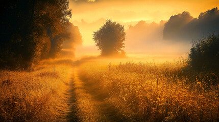 Fototapeta premium An inviting view of a fog-drenched path leading through golden fields at sunrise.
