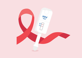Positive home HIV test with red ribbon. World AIDS Day awareness concept. Vector illustration in flat style.