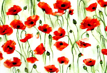 Fototapeta premium Red poppies painted in watercolor in artistic decorative style