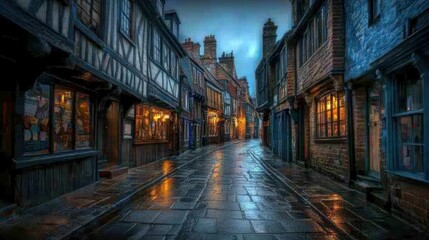 Obraz premium A quaint, rainy street lined with charming old buildings and glowing shop windows.