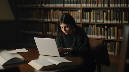 Focused young woman studying with laptop in a quiet library setting.
