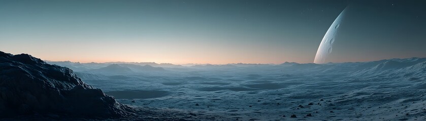 A Distant Moon Rising Over a Frozen, Rocky Landscape