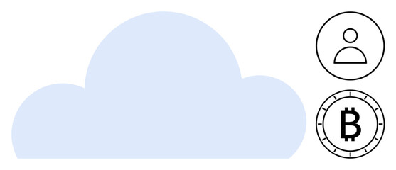 Large blue cloud shape with user account and Bitcoin cryptocurrency icons beside it. Ideal for cloud computing, data storage, cybersecurity, digital currency, user authentication, tech startups