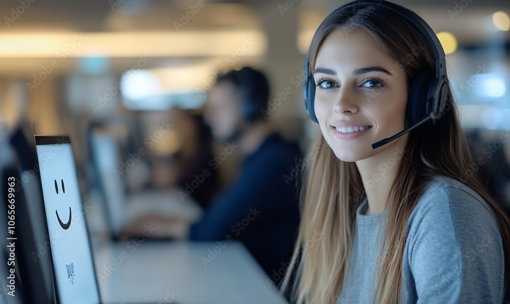 Poster a smiling woman in a headset sits at a desk in an office setting, with a computer screen showing a s