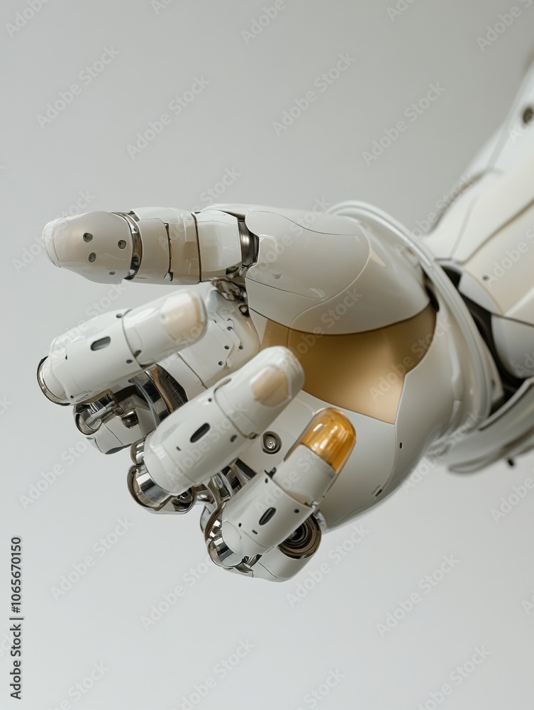 Poster a robotic prosthetic hand skillfully grasps a small object, showcasing the precision of modern assis