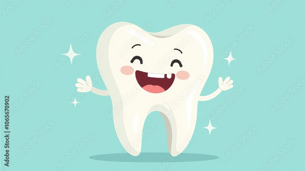 Poster a cartoon tooth is smiling and has a star on it