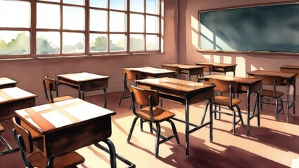 Serene Classroom with Soft Sunlight and Wooden Furniture