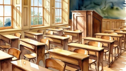 Vintage Classroom with Wooden Desks and Podium