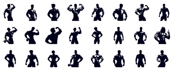 Naklejka premium Set, Bodybuilder Silhouette, Man Silhouette, Muscular Man Silhouette, icons Isolated on white Background