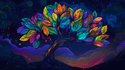 A fantastical tree with rainbow-hued leaves stands tall against a mystical night sky. ai generative. Mystical. Illustration